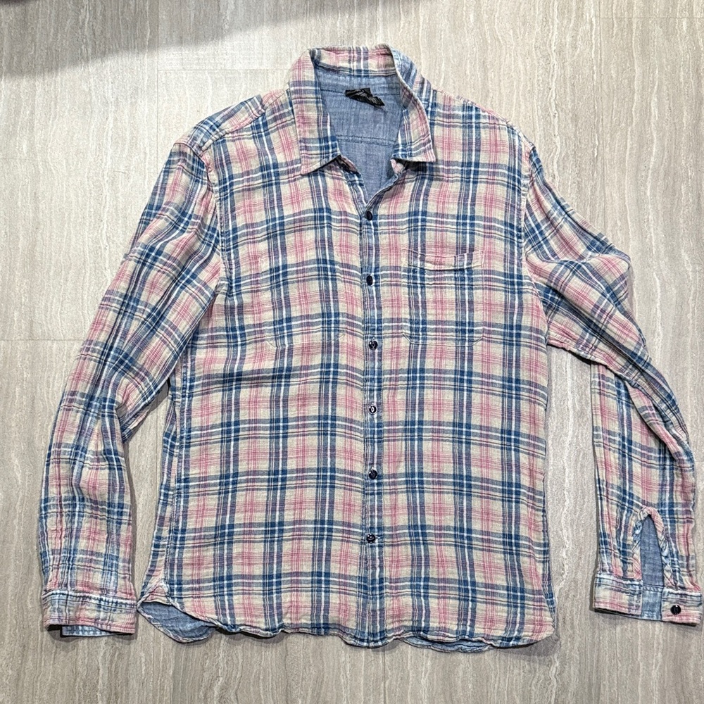 John Varvatos Pink and Blue Plaid Button-Up Shirt